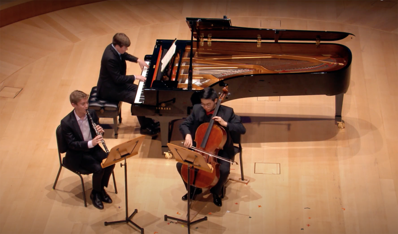 Screenshot of Classical Music winners performing "Trio in B-flat Major, Op. 11" (1797, Beethoven)