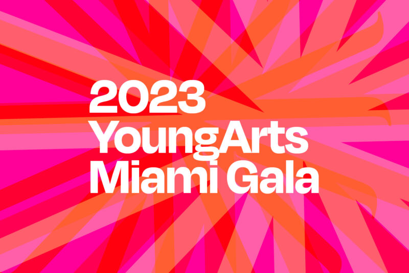 "2023 YoungArts Miami Gala" in white on pink, orange and red sunburst background