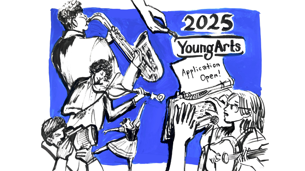 Black and white illustration against a blue background with text that reads "2025 YoungArts Application Open!"