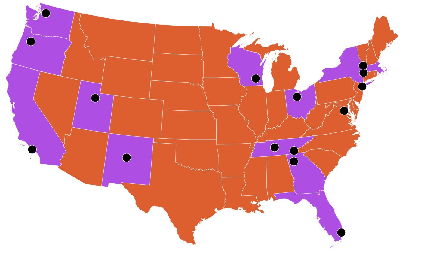 Map of the U.S. showing states shaded in purple where programming occurred in 15 cities including Miami, FL, New York, NY, Los Angeles, CA, Becket, MA, Chicago, IL, Seattle, WA, Washington, DC, Akron, OH, North Adams, MA, Nashville, TN, Park City, UT, Portland, OR, Knoxville, TN, Atlanta, GA and Santa Fe, NM.